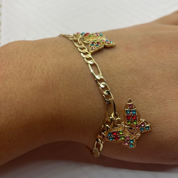 14K Gold Plated Virgin of Guadalupe butterfly bracelet with colored rhinestones - Picture 8 of 11